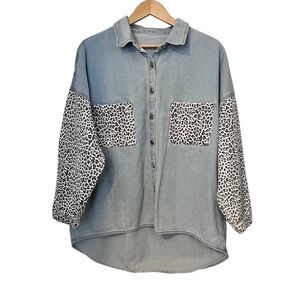 Oversized Chambray Shirt Animal Print Contrast Button Up High Low XL Shacket